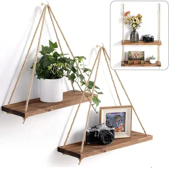 Wooden Rope Hanging Wall Shelf 1