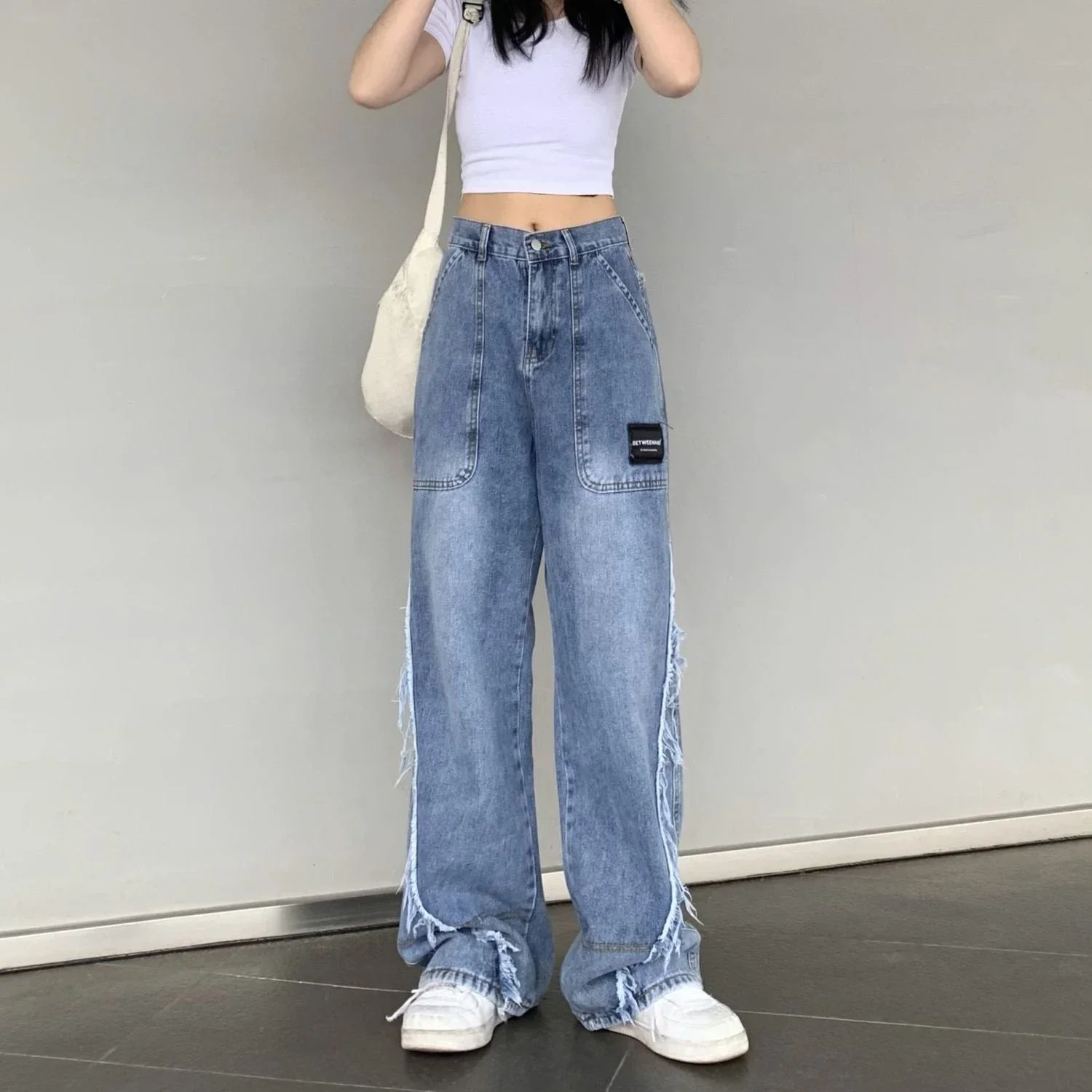 

Pants for Woman with Pockets Trousers Straight Leg Blue Women's Jeans High Waist Shot Denim Vibrant Baggy Top Selling Shiny Emo