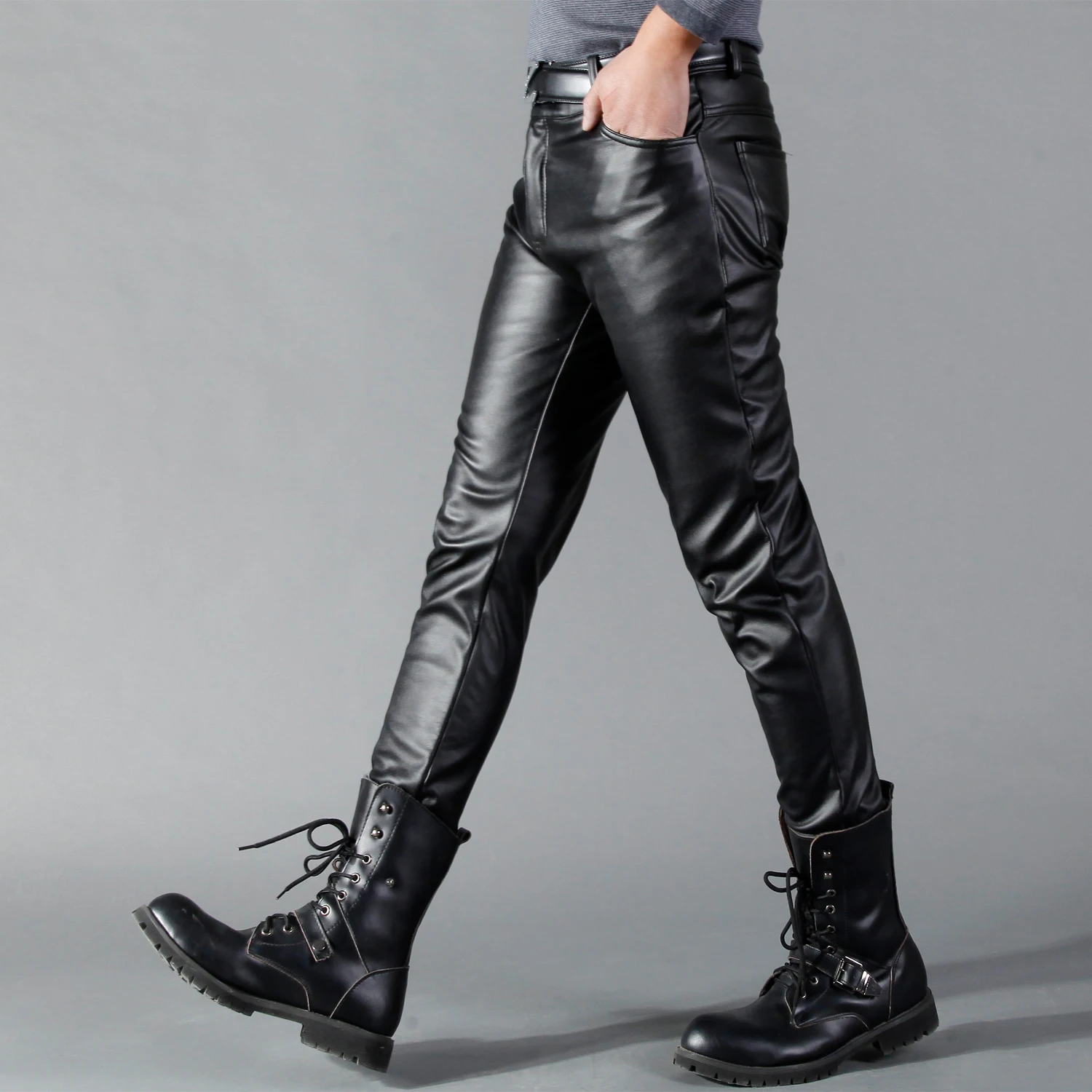 Men Trousers Men's PU Leather Long Pants Vintage Slim Fit Straight Trousers Spring Autumn Casual Streetwear Skinny Pant Male Fashion