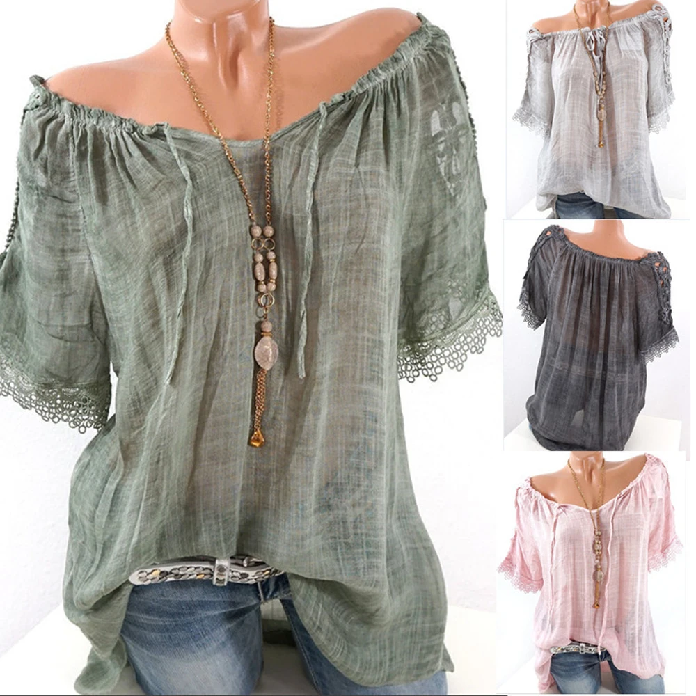 Lace Patchwork V Neck Loose Fit Summer Tee