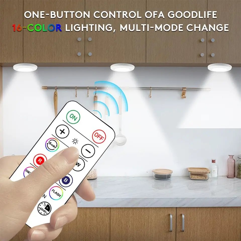 TECOMLIGHT Luci LED a disco con telecomando, funzionamento a batteria, senza fili, per armadio, luci a spinta, luci a spinta, cambia colore sotto il bancone, per cucina, confezione da 6, nero