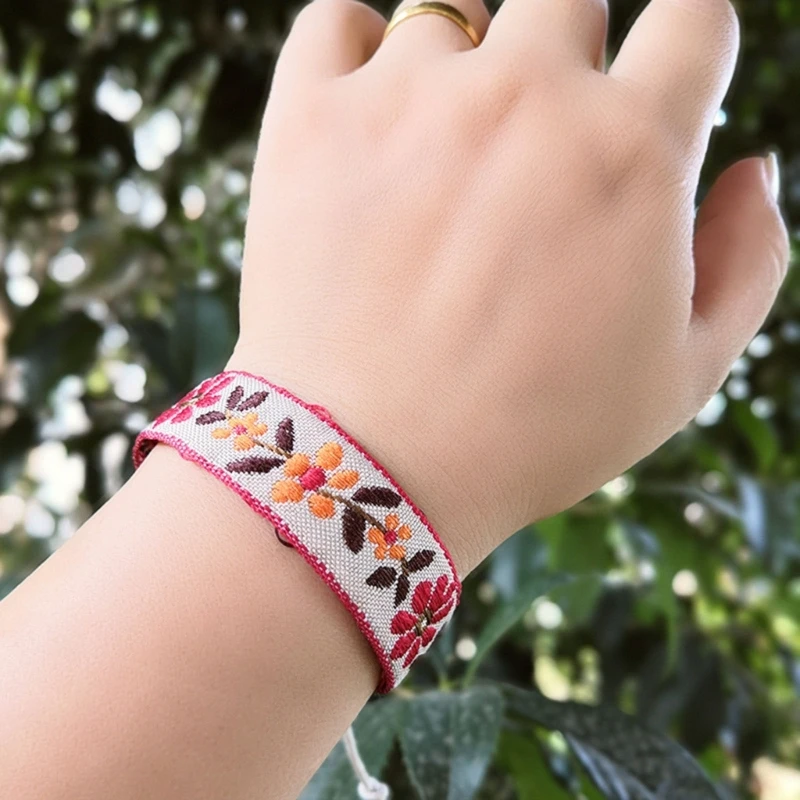 Boho Strawberry Flower Embroidered Bracelet Handmade Braided