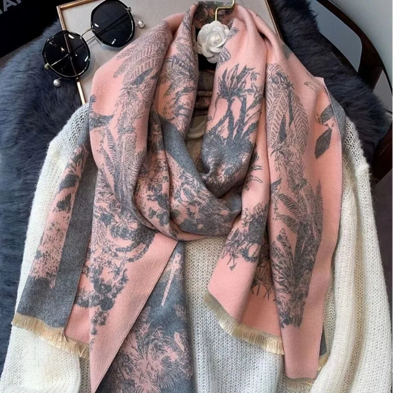 Luxury Floral Print Scarf for Women Warmer Winter Cashmere Pashmina Scarves Shawls Female Thick Blanket Wraps Foulard 2024 NEW