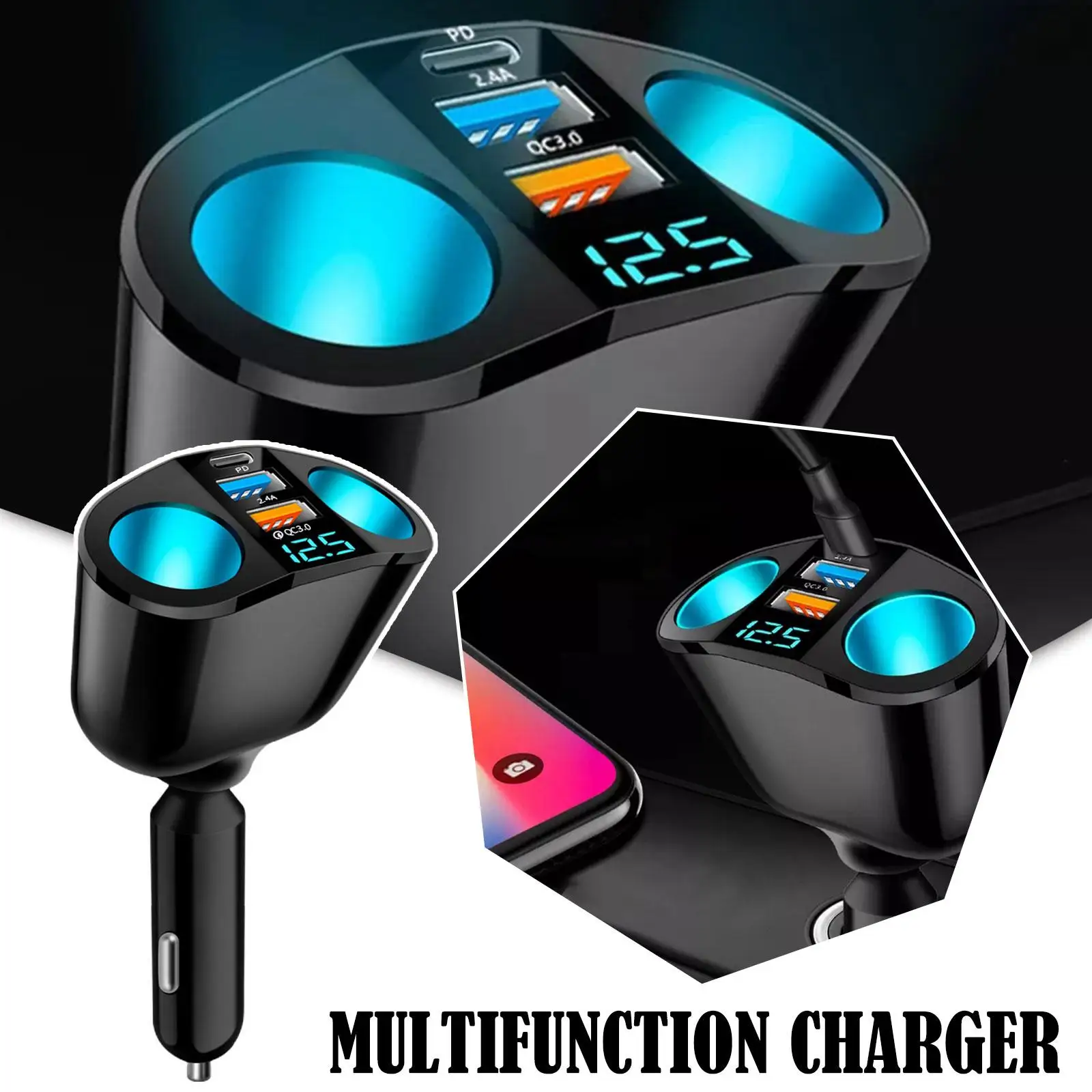 New Auto QC3.0 Fast Charging Dual USB Car Cigarette Multifunctional One Car  Display Charging Lighter Drive Digital Charger O9K4