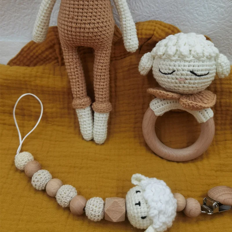 Baby Pacifier Clip Crochet Sheep Handbell Teething Rattle Dummy Chain Boy Girl Unisex Teether Infant Shower Gift 2