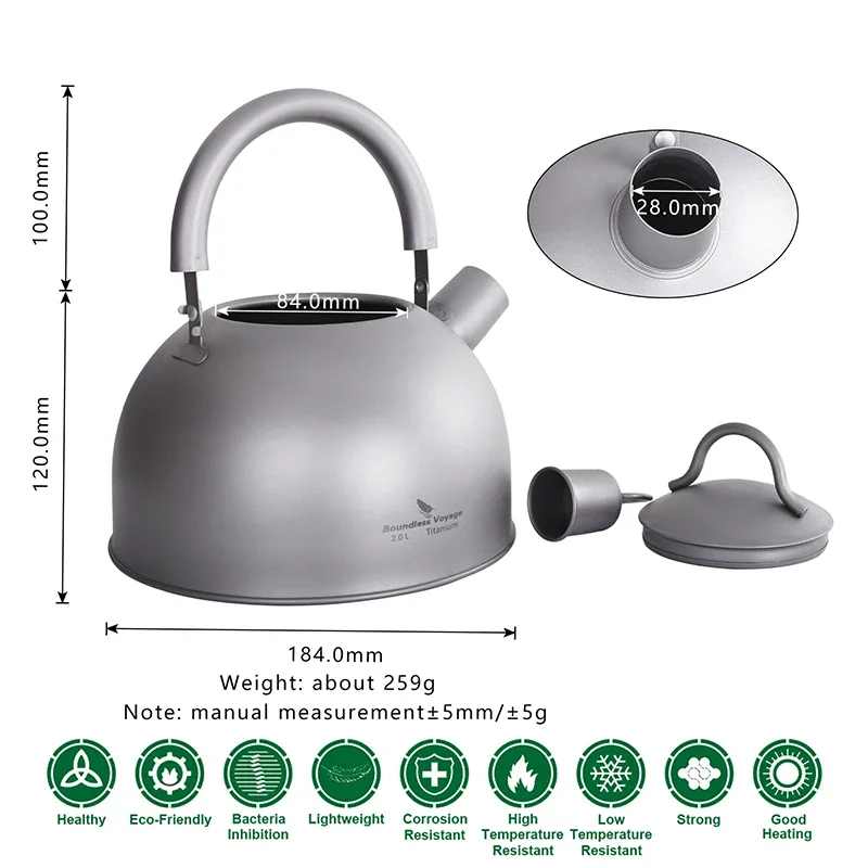 Boundless Voyage 2L Titanium Water Kettles Tea Stovetop Coffee Teapot Pot With Loud Whistle Anti-corrosion Cookware / Mesh Bag