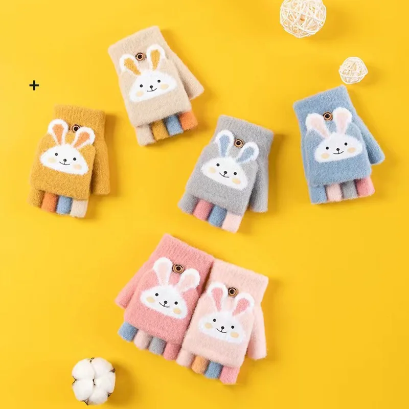 Children Five Finger Gloves Winter Warm Cute Cartoon Rabbit Half Finger Mittens for Kids Knitted Cotton Mitten Thermal Gloves