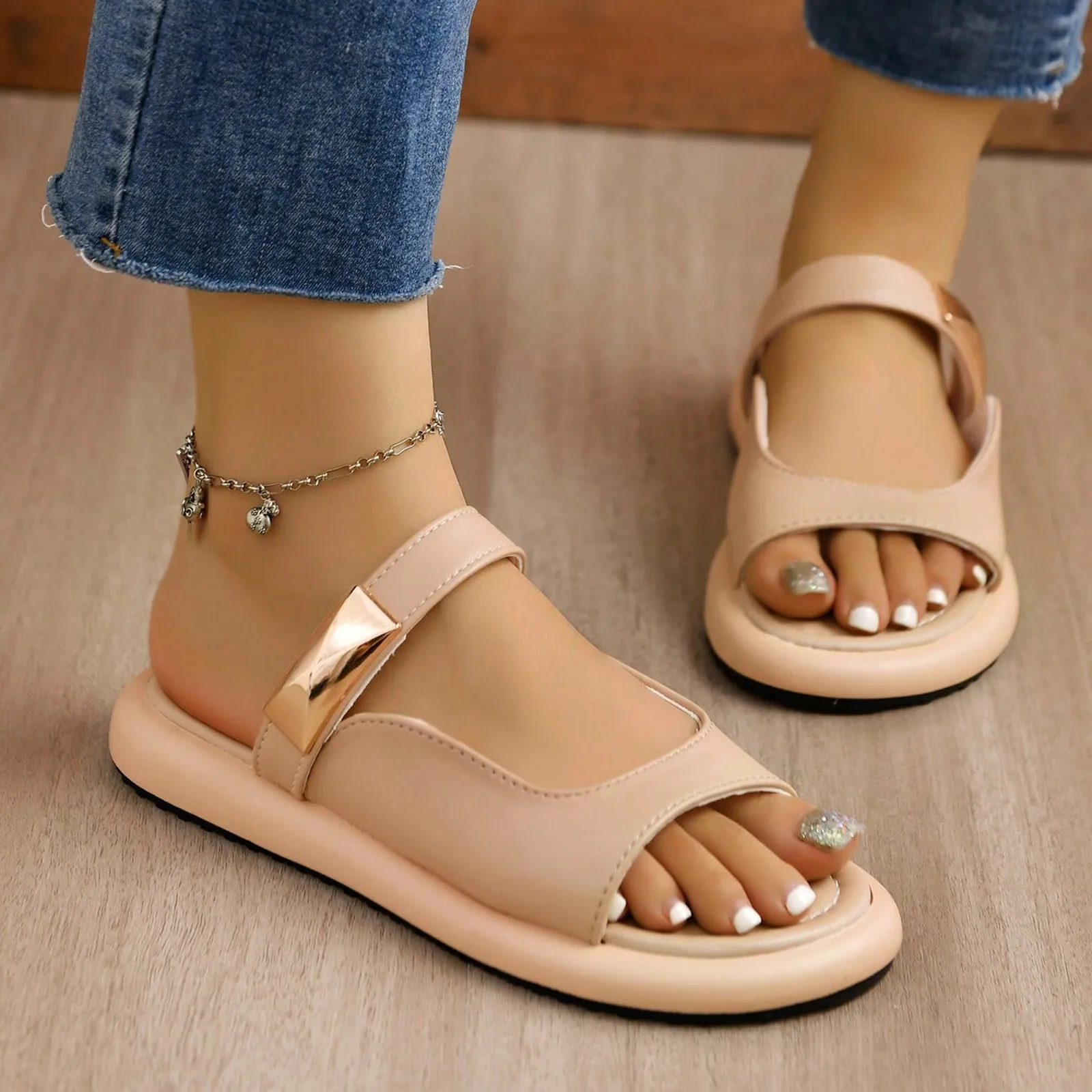 

Fairy French Style Flat Bottomed Half Sandals For External Wear New Summer Genuine Leather Thick Soled sandalias de mujer verano