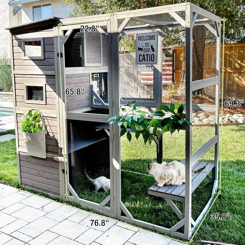 Cat House, Cat Enclosure Outdoor Wooden House Large Catio Vertial Kitten Kennel Cats Cage 4 Tiers 77" L X 36" W X 69" H