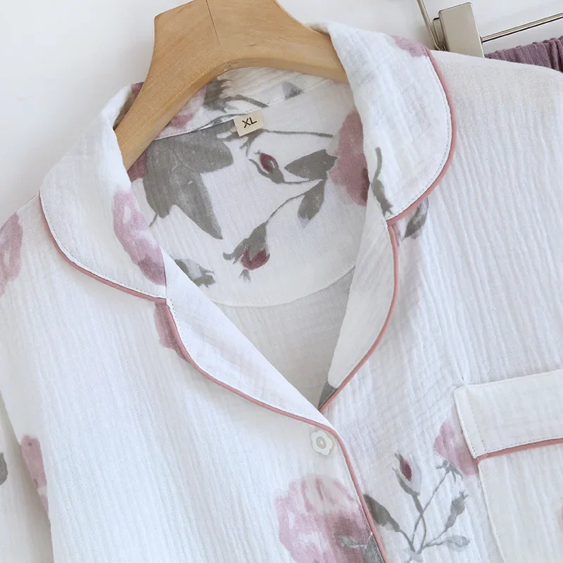 2024 Japanese New Women's Pajama Set 100% Pure Cotton Crepe Flower Minimalist Long Sleeve Two Piece Home Fury Set Sleepwear