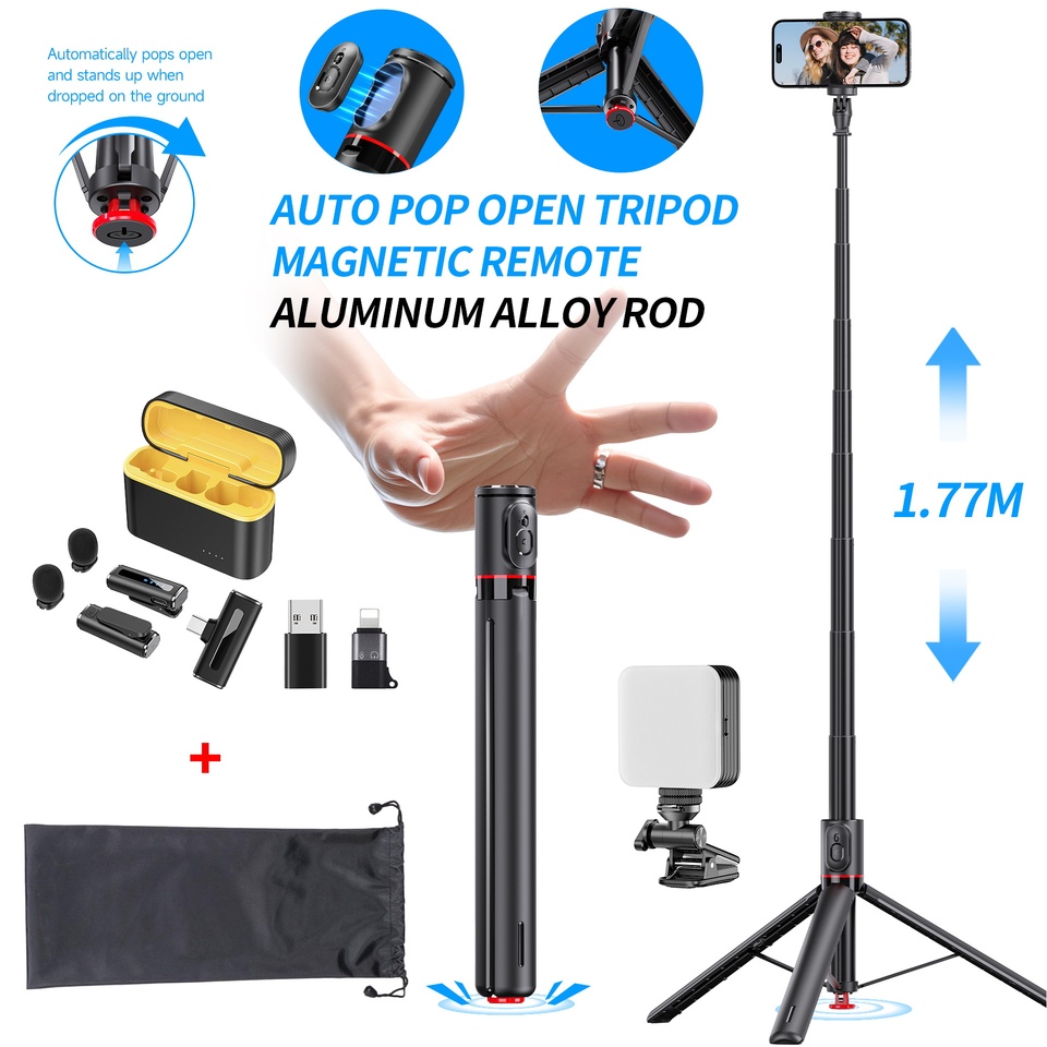 1770mm Auto Open Phone Tripod Wireless Selfie Stick Tripod Portable Tripod for Mobile Phone with Magnetic Remote Fill Light