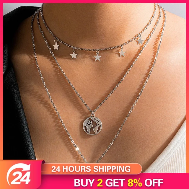 Double Layer Star Moon Charm Necklace New Fashion World Map Circle