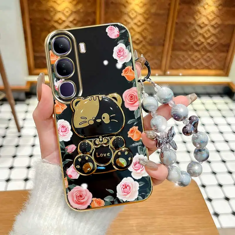 Elegant Gradation Rose Leaves Phone Case Set with Lanyard and Rabbit Stand