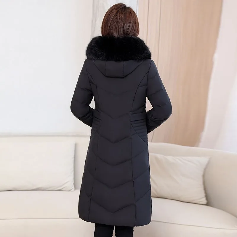 2023 New Women Down Jacket Winter Coat Female Keep Warm Thick Parkas Loose Long Outwear Artificial Fur Collar Hooded Overcoat
