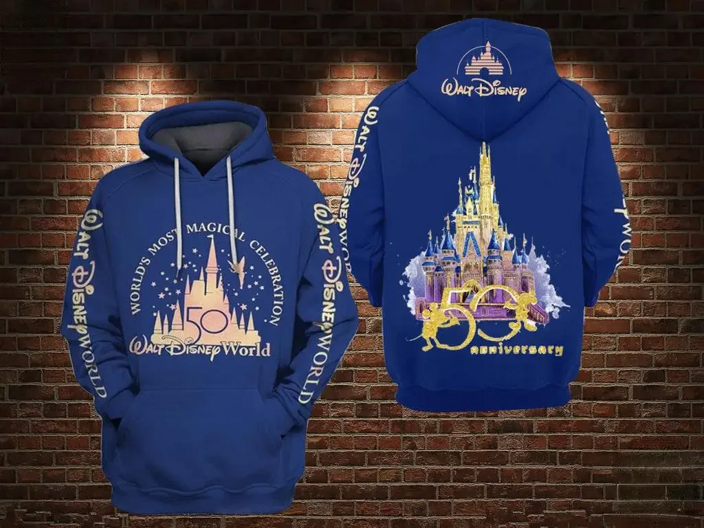 

2024 Disney 3D Zip Hoodie BEST WDW 50th Anniversary Dates Cartoons 3D Hoodie Men and Women Fashion Leisure Hoodie