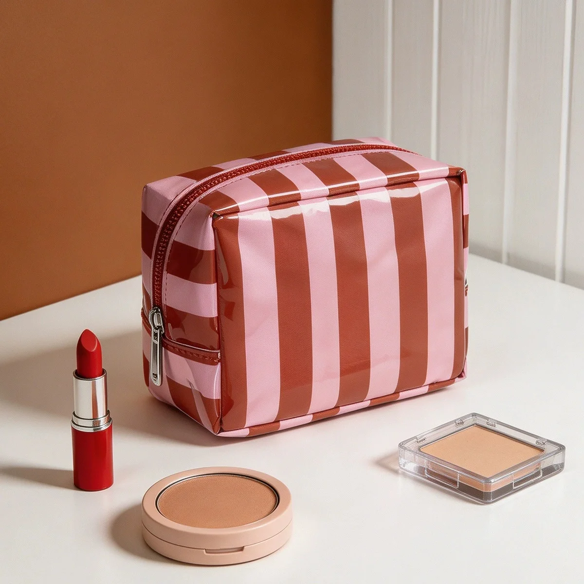 Chic Striped Mini Makeup Bag with Zipper - Stylish Cosmetic Pouch