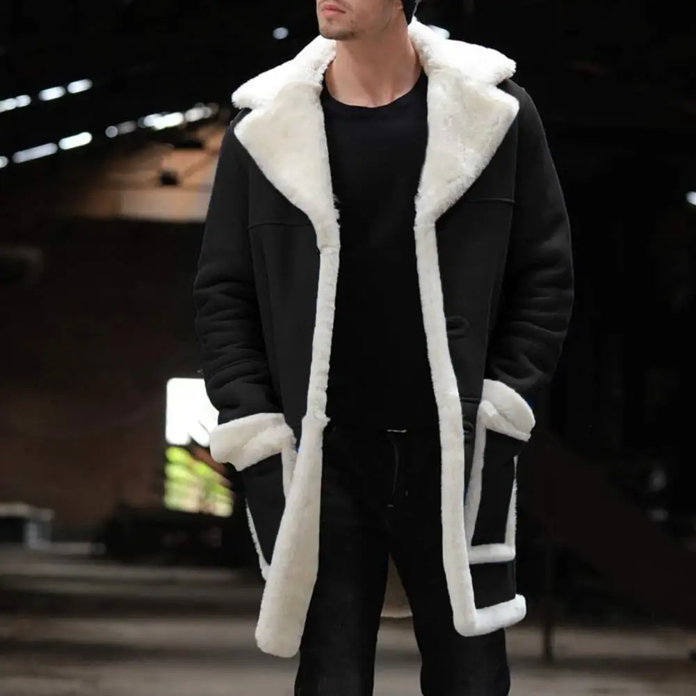 Windproof Jacket Coat Warm Cozy Winter Coat Thickened Suede Men's Mid-length Jacket with Plush Lining Large Lapel Jacket Outwear
