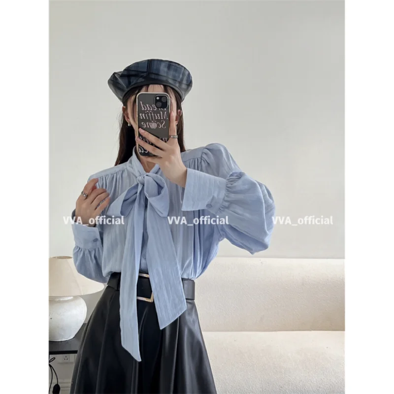 

Модная дизайнерская женская рубашка со шнуровкой и бантом, новинка 2023, французская рубашка в дворцовом ретро стиле с рукавами-фонариками