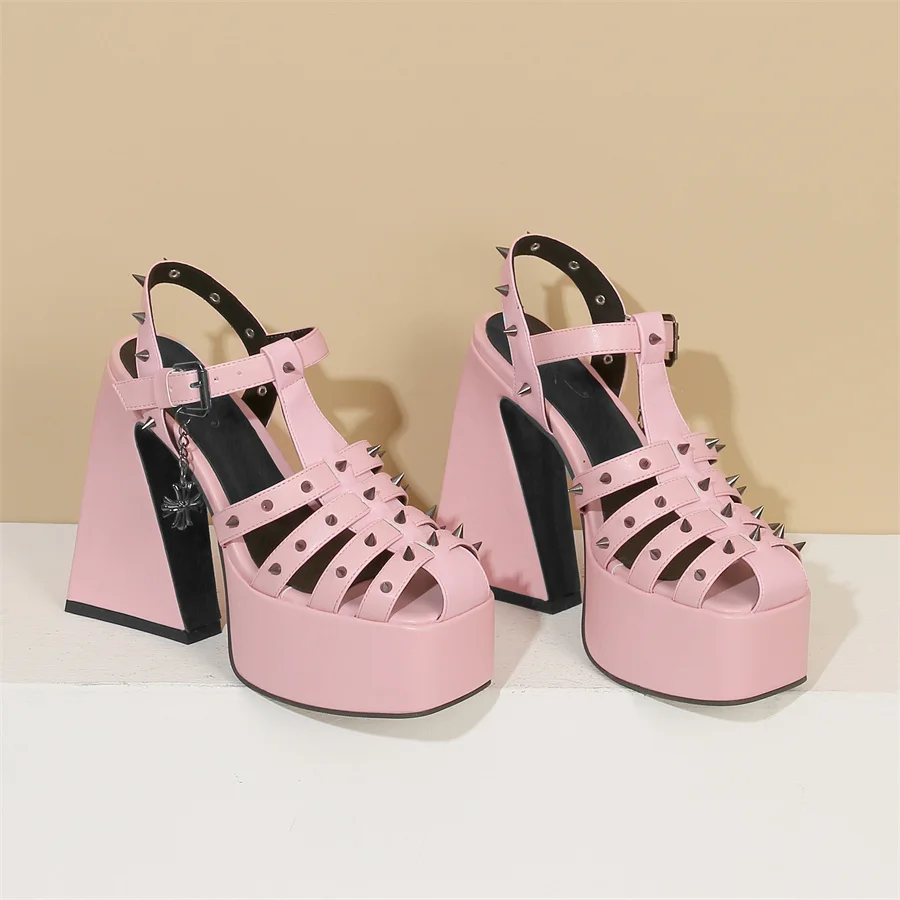 

Women Sandals 2023 Summer Fashion Sexy Rivet Thick High Heel Platform Square Head Buckle Sandals Large Size 43 Dropshopping