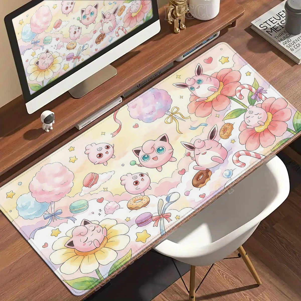 Kawaii Pink Anime Desk Mat with Clefairy & Jigglypuff Design