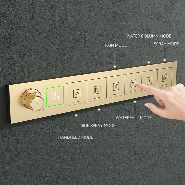 ชุดฝักบัวเพดานหรูหรา ระบบควบคุมอุณหภูมิแบบฝังในตัว ทำจากทองเหลือง พร้อมหน้าจอดิจิตอล ระบบไฮโดรเจเนอเรเตอร์ ฟังก์ชั่นฝนตก ไฟส่องสว่าง และบลูทูธ 4