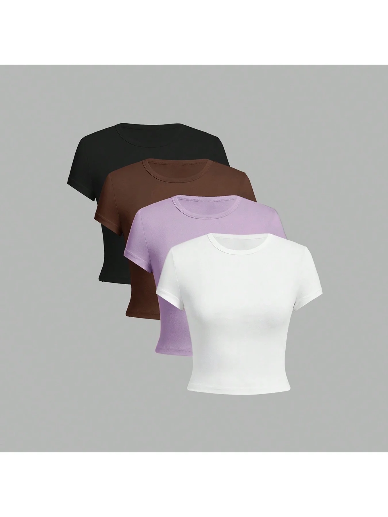 2026 casual four-color round neck short sleeved solid color tight fitting short T-shirt women's slim fit base shirt 4-piece set 1