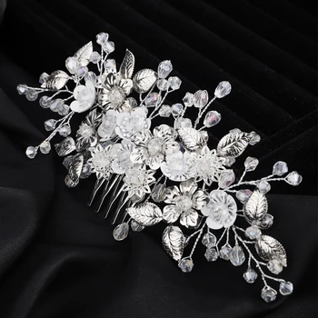 Silver Flower Crystal Bridal Hair Comb Women Handmade Wedding Head Jewelry Accessories Trendy Bride Party Prom Headpiece Tiaras