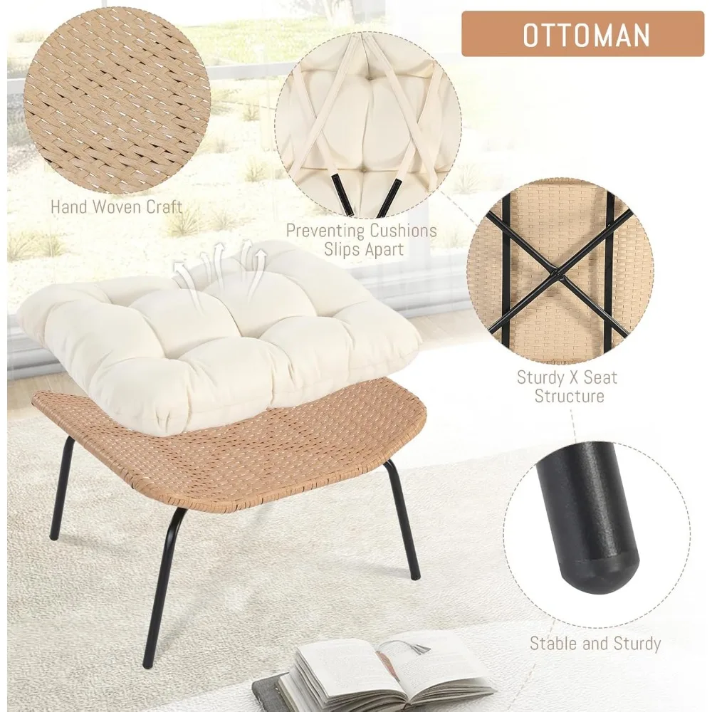 2 Pieces Egg Chair Wicker Patio Egg Chair with Ottoman Rattan Teardrop Cuddle Cocoon Chair for Indoor Outdoor Bedroom Porch Back 6