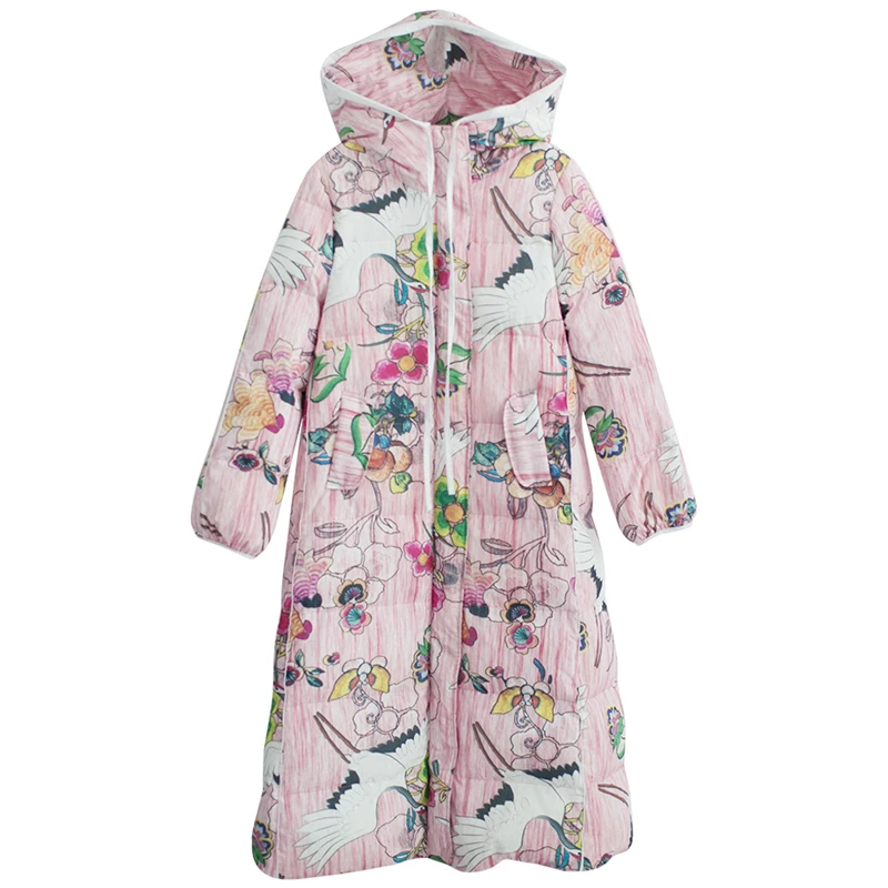 Winter New Warm Printed Thickening Duck down Coat Hooded down Jacket Long for Women