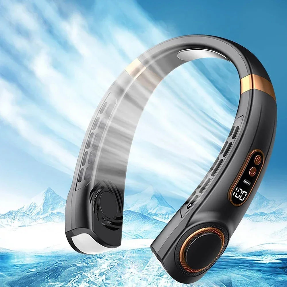 2025 새로운 휴대용 목 팬 USB 휴대용 음소거 LED 디지털 디스플레이 Leafless 미니 전기 팬 다채로운 분위기 조명 5th 기어