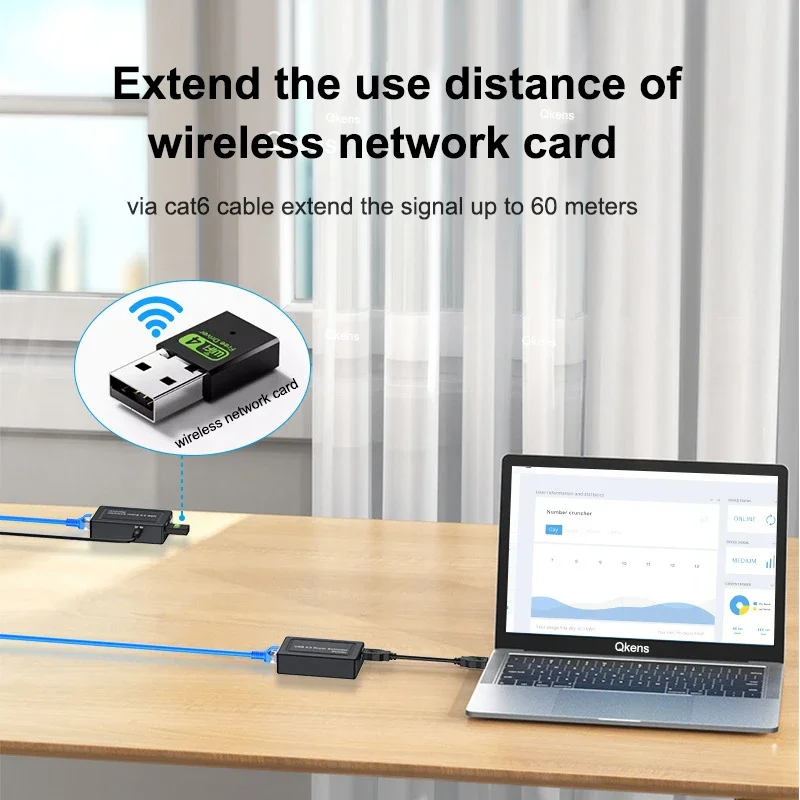 Real 2 Port USB 2.0 Rj45 Ethernet Extender Hub Adapter Over Cat5e Cat6 Network C