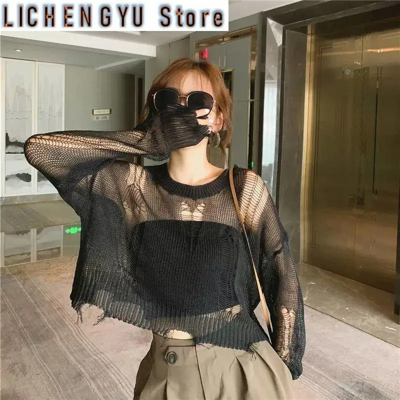 

New Woman Thin Sweaters Hollow Out Gothic Clothing Pullover Women Hole Broken Tops Ladies Goth Pull Knit Women's Neck Sweater