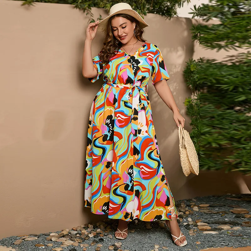 Art Illusion Large Size Dress Short sleeved Chiffon Long Dress 200kg Wearable  plus size dresses