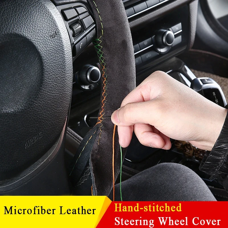 Wildleder-Lenkradbezug für Auto, universell, 38 cm, geflochtener Schutz, Leder, rutschfest, Innenteile