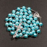 Collier chapelet en fausses perles pour femmes, Religion chrétienne, pendentif croix vierge marie jésus, longues chaînes de perles, bijoux à la mode, nouvelle collection 5