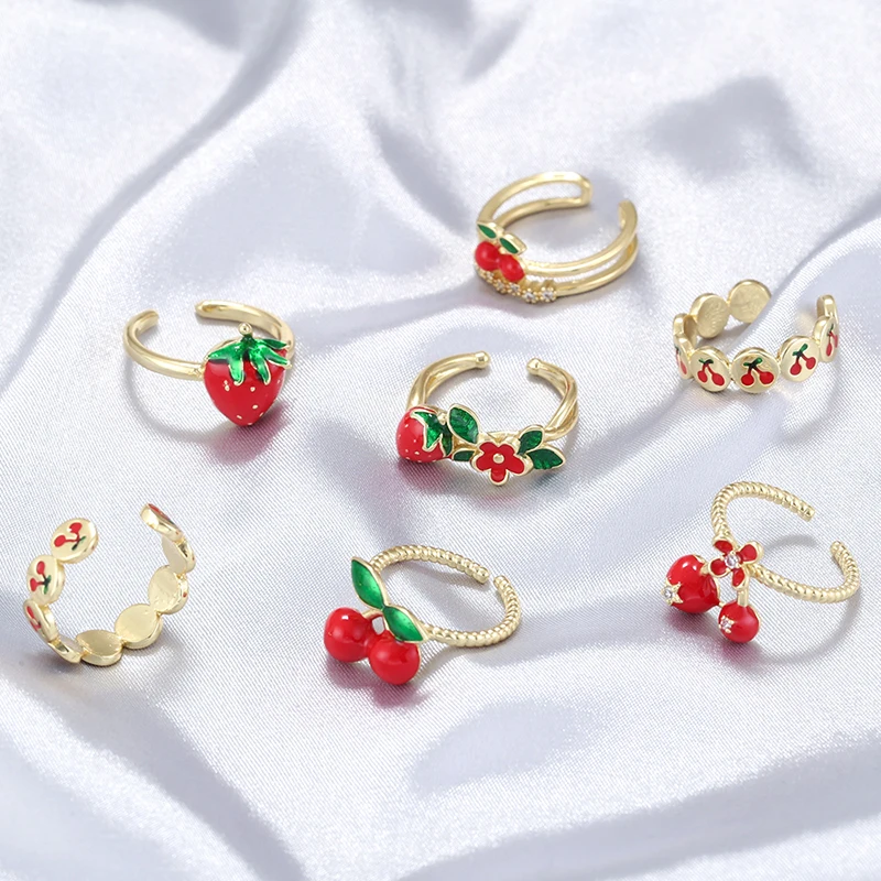 ZHUKOU بالمينا قطرة الزيت الكرز الأحمر الفراولة سلسلة حلقة حلوة ولطيفة السيدات قابل للتعديل حلقة مفتوحة 1 قطعة: VJ753-VJ758