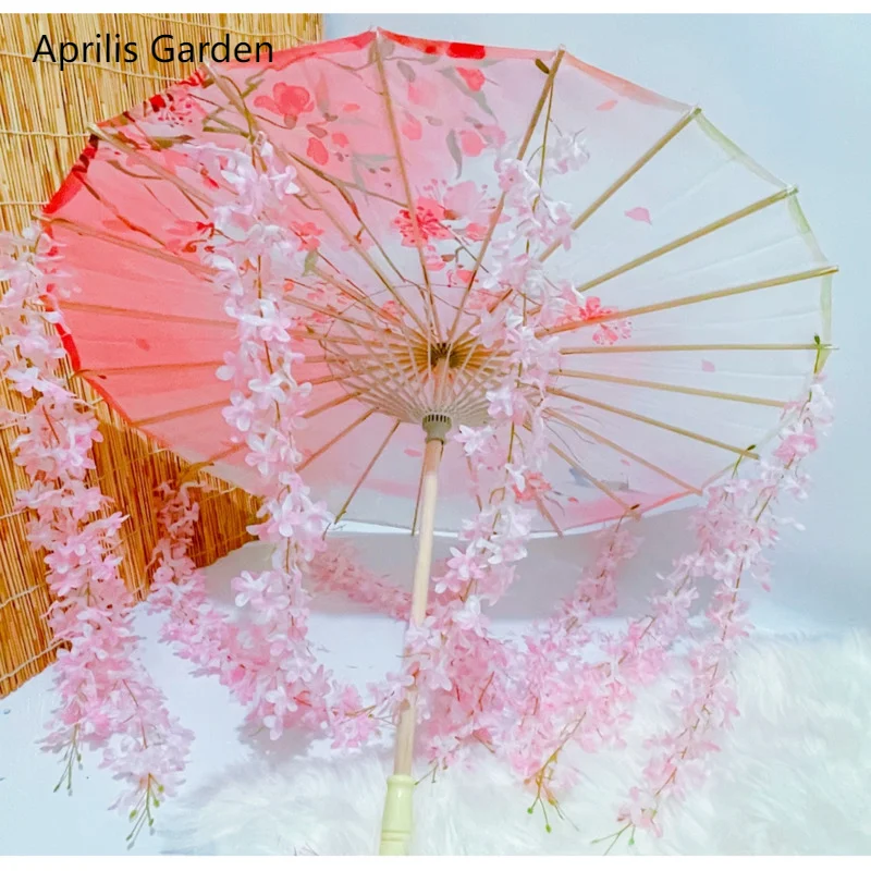 82CM 32'' Hanfu Tassel Waterproof Beach Umbrella Dance Cosplay Japan Sakura Spring OilPaper cosplay Parasol Paraguas mini umbrella sun umbrella japanese umbrella paper umbrella