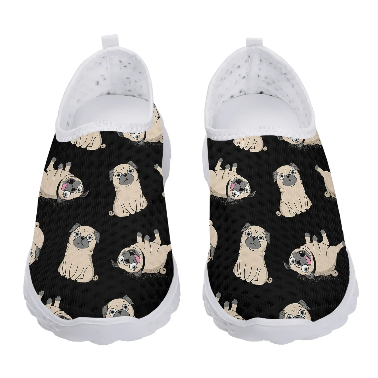 Black Fun Pug Print House Shoes Pet Dog Print Lightweight Soft Mesh Shoes Summer Outdoor Breathable Casual Shoes