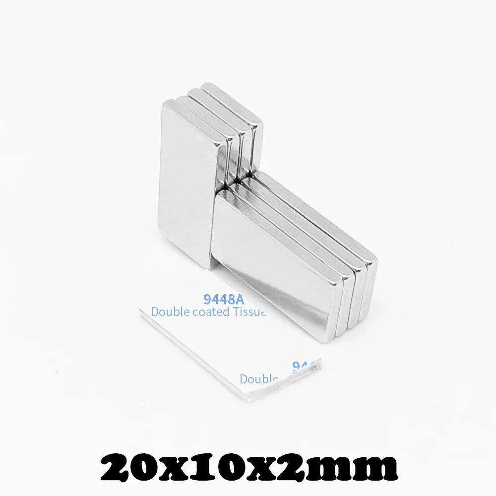 3M 양면 접착 테이프 포함 블록 검색 자석, 강력한 네오디뮴 자석, 20x10x2mm, 5, 10, 20, 50, 100, 150 개