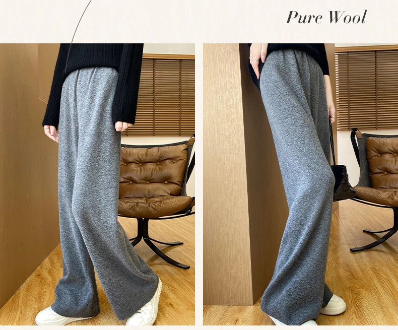 سراويل نسائية صوف مستقيمة للخريف والشتاء بخصر مطاطي 100% صوف ميرينو محبوك بجيوب صلبة سراويل كلاسيكية للمكتب للسيدات