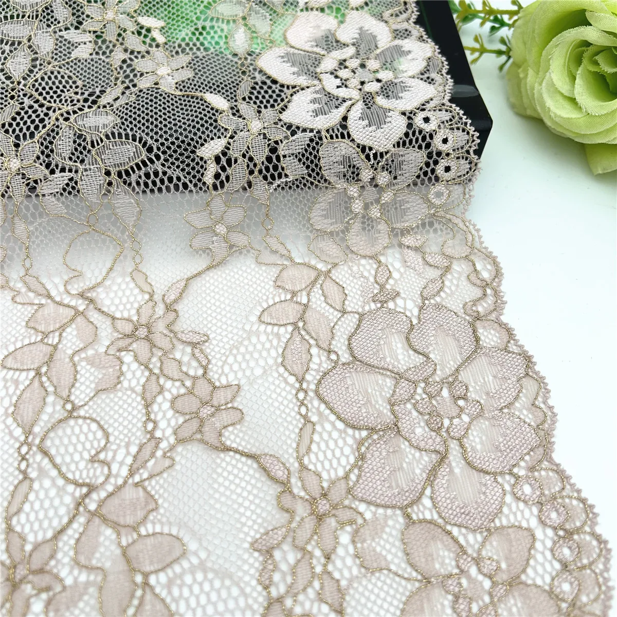 3y/lot Width 24cm Light Pink With Gold Elastic Stretch Lace Trim 3