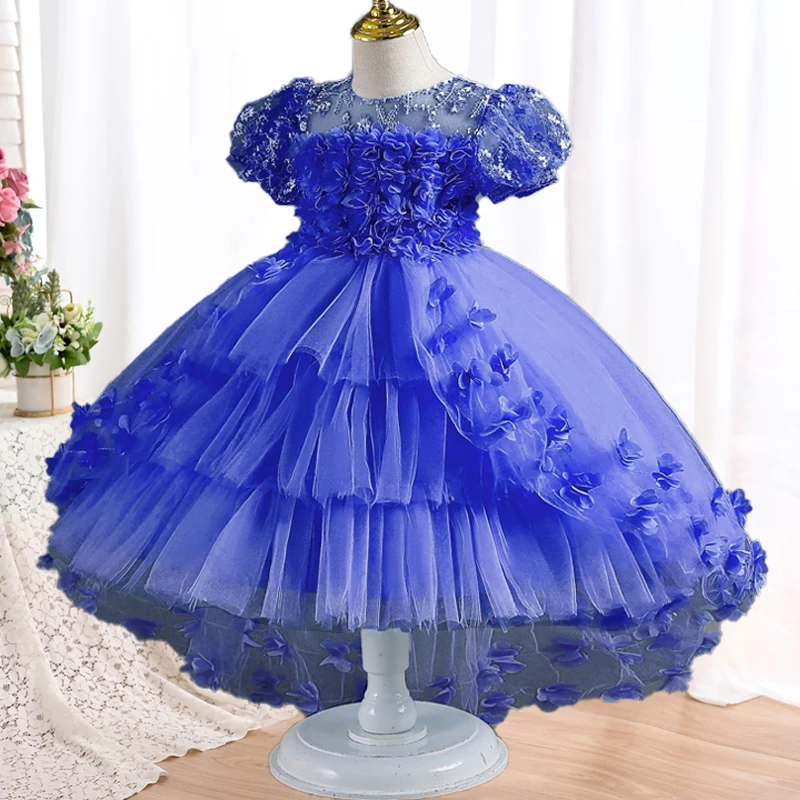 New 4-12Year Old Girl Lace Petals Childrens Dress Wedding Princess Dress Christmas Girl Gift Tailed New Year Party Evening Dress