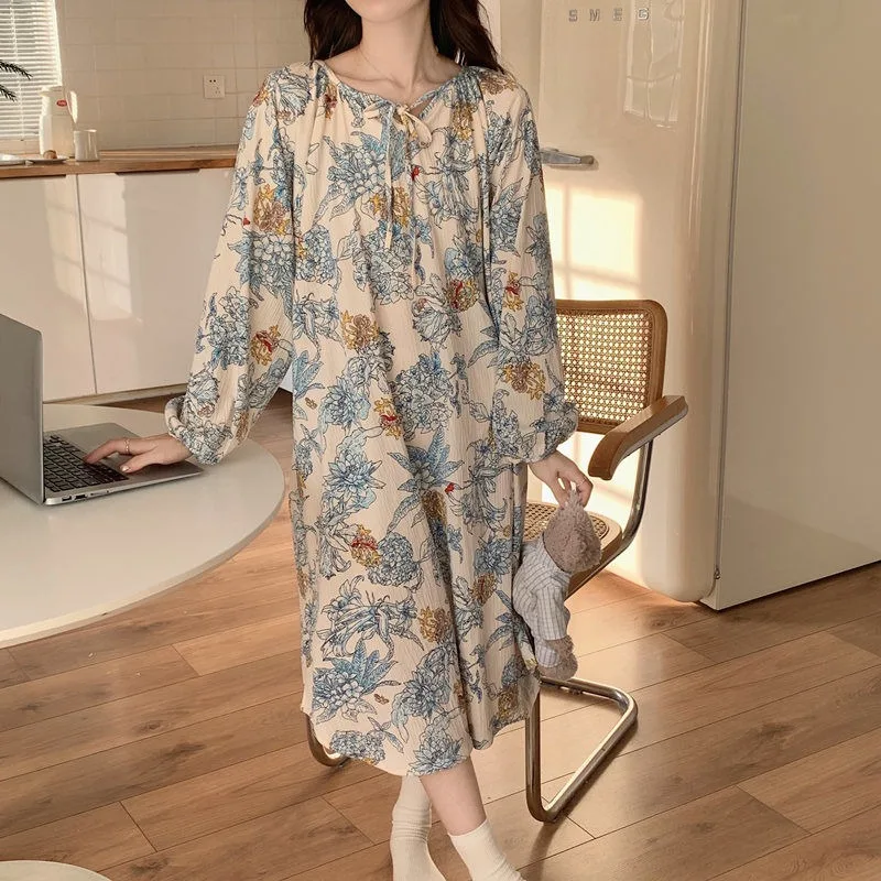 Spring Nightdress Vintage Plus Size Pajamas Loose Casual Pyjamas Round Collar Lace-up Sleepwear Medium Long Printed Nightgown