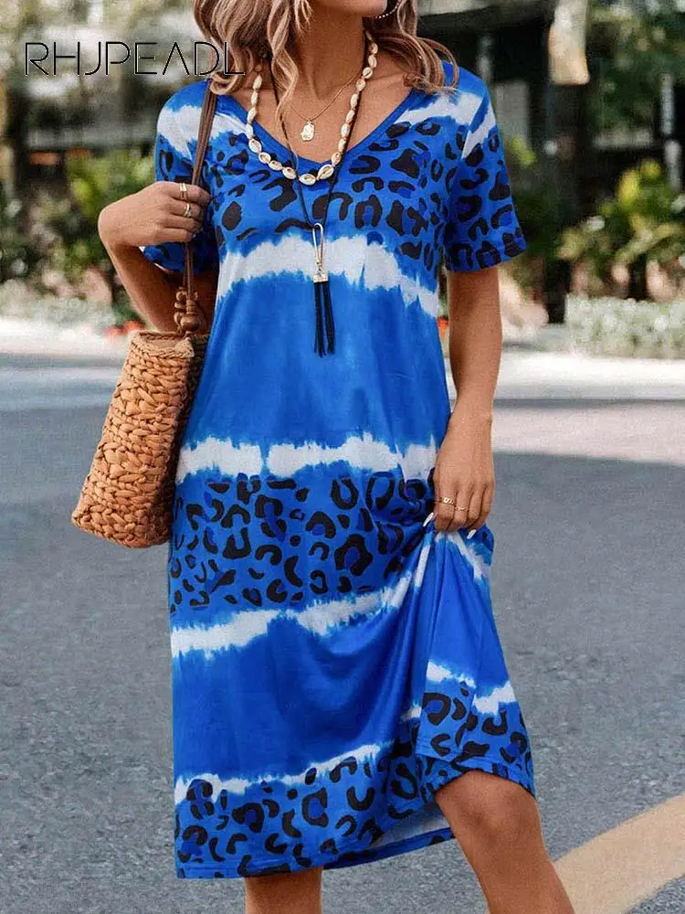 

Summer Women's Loose Dress S-5XL Fashion Leopard Print Casual V-neck Short Sleeve Midi Dresses 2023 Lady Beach Dress Vestidos