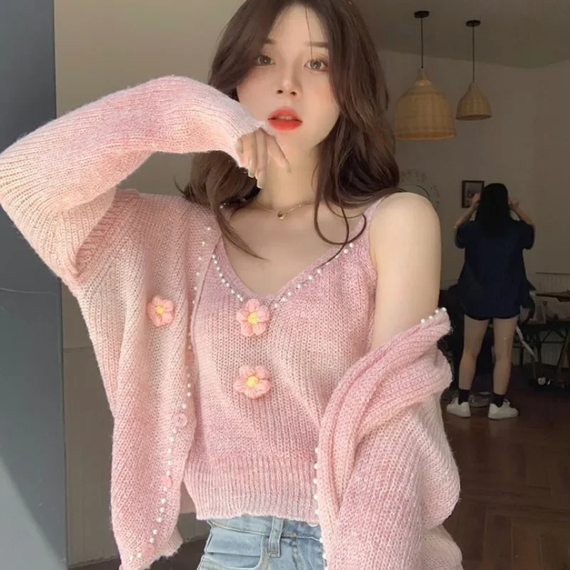 

Sweater Two Piece Sets Women 2023 New Long Sleeve Three-dimensional Flower Beaded Cardigan + Korean Sweet Knitted Vest