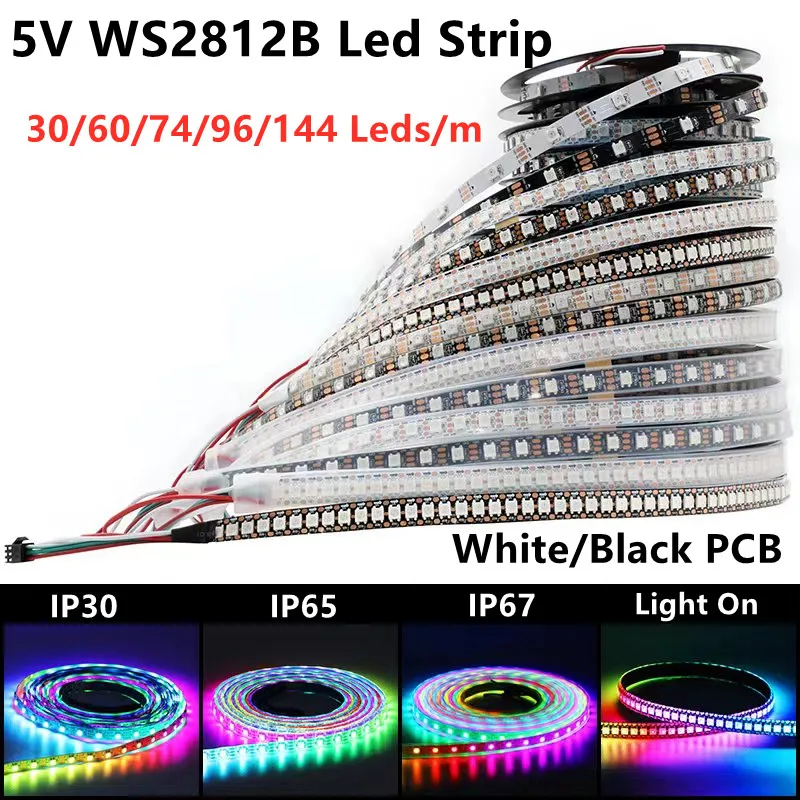 5V WS2812B Individually Addressable 5050 RGB Led Strip 60/74/96/144Leds Smart Pixels Led Light Black White Waterproof IP30/65/67