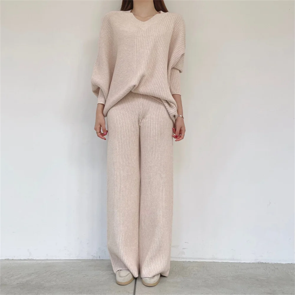

Alien Kitty Vintage Knitted Women Two Pieces Suits Pullovers Sweaters Warm High Waist Loose Wide Leg Pants Casual Winter Sets