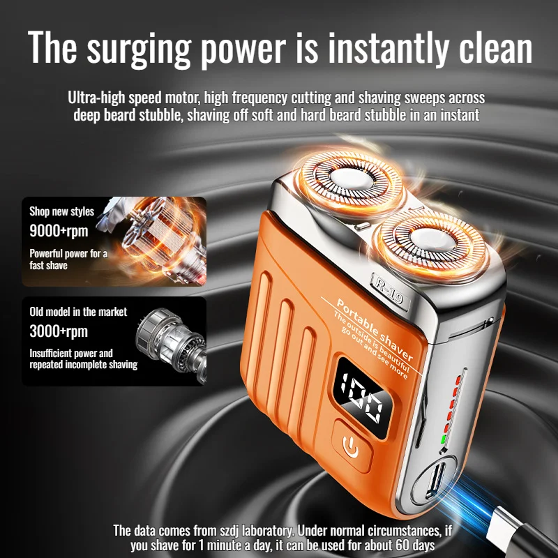 R-19 미니 전기 면도기 디지털 디스플레이 자기식 이중 블레이드 방수 타입-C 고속 충전 휴대용 남성용 면도기