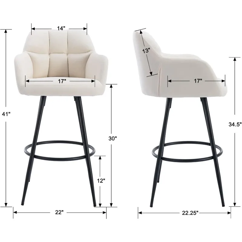 Modern Bar Stools Set of 2 Bar Height Barstools with Back and Arms High Bar Chairs Velvet Upholstered Island Chairs 2