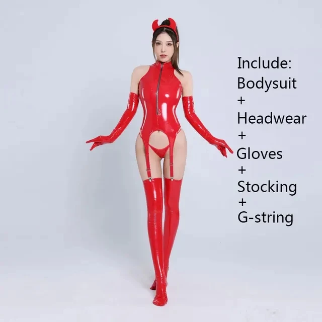 thumbnail image 1 of Body erótico de cuero Pu para mujer, lencería de peluche sin entrepierna, ropa de discoteca Wetlook, Catsuit de látex, disfraz fetiche, 1 of 5